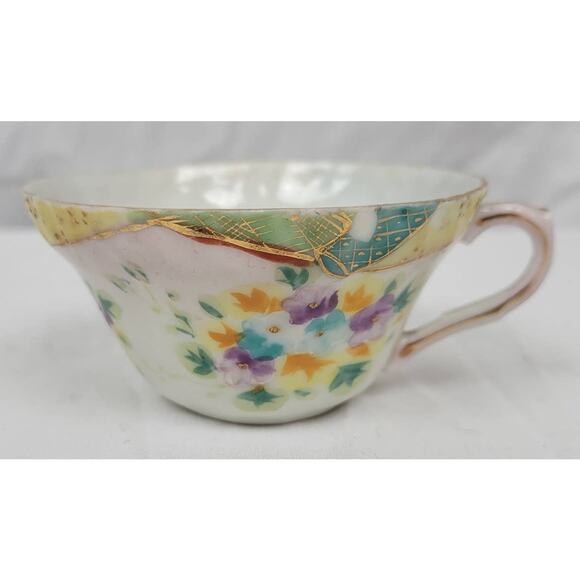 Vintage Bone China Hand Painted Teacup with Soft Flowers and Green/Yellow Trim - Picture 1 of 5